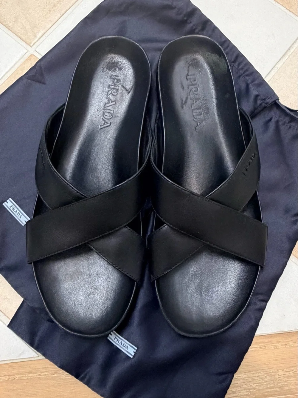 Prada Black Leather Cross-Strap Men’s Slide Sandals